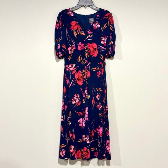 Vince Camuto Floral V-Neck‎ Midi Dress Size 4 Navy Pink Ruched Feminine Romantic - Picture 11 of 15